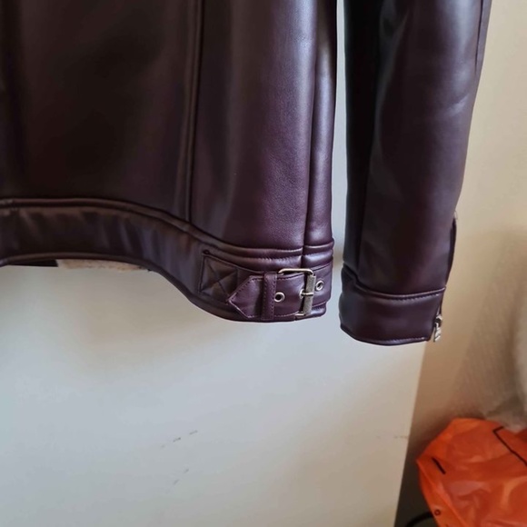 New,Guess Men Red Faux-Leather Faux-Shearling Asymetrical Motorcycle Jacket Sz-S - Picture 5 of 14